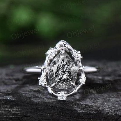 Vintage pear black rutilated quartz engagement ring leaf Nature inspired halo cluster diamond ring women white gold branch wedding ring gift