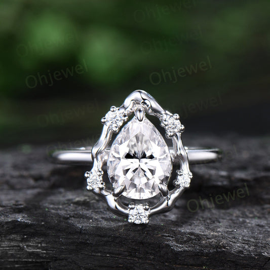 Vintage pear shaped moissanite engagement ring leaf Nature inspired vine halo diamond ring women white gold branch anniversary ring gift