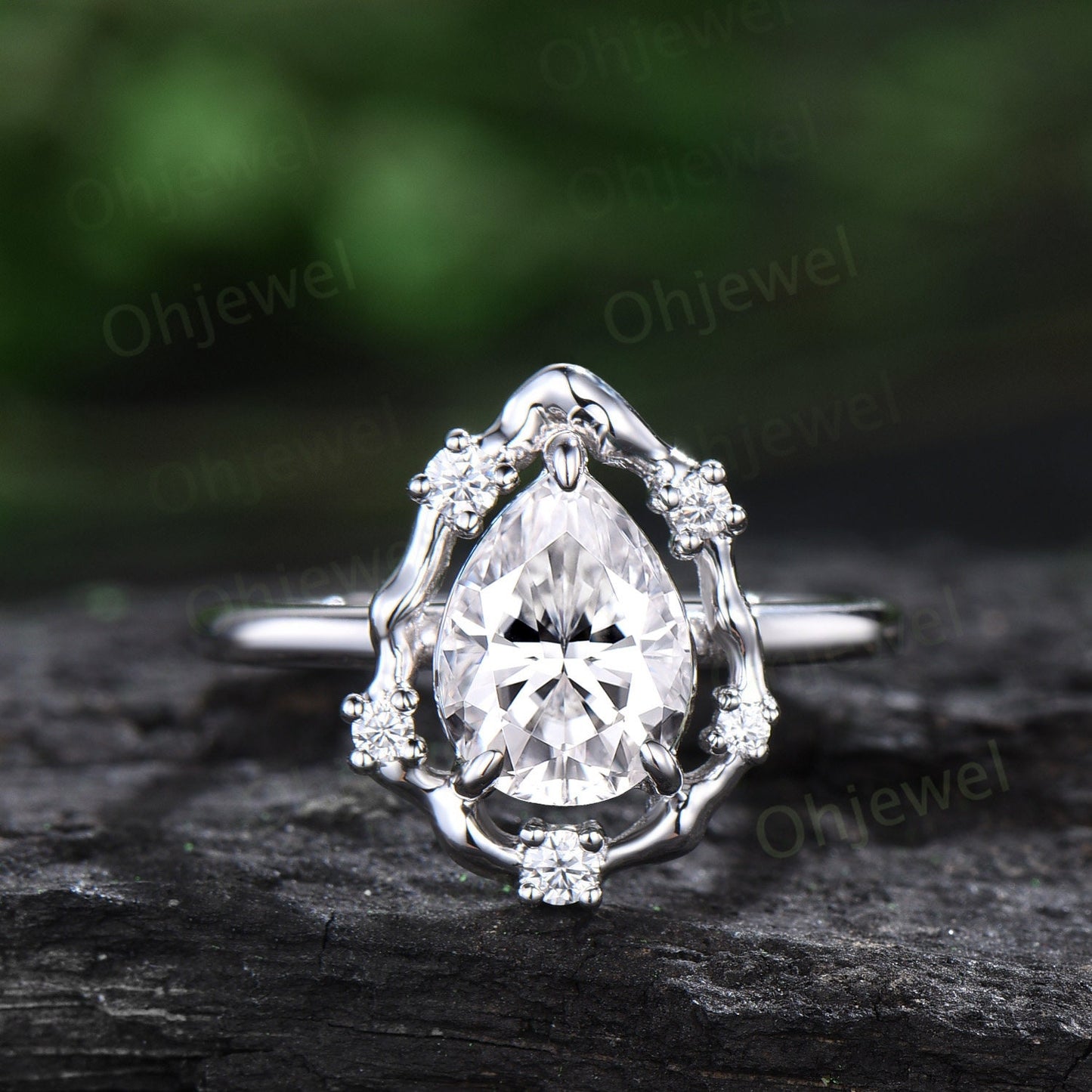 Vintage pear shaped moissanite engagement ring leaf Nature inspired vine halo diamond ring women white gold branch anniversary ring gift