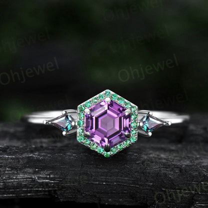 Hexagon cut purple Amethyst ring rose gold halo emerald ring vintage kite cut alexandrite ring women unique engagement ring gemstone ring