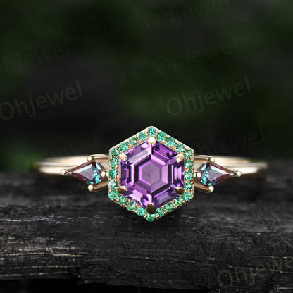 Hexagon cut purple Amethyst ring white gold halo emerald ring vintage kite cut alexandrite ring women unique engagement ring gemstone ring
