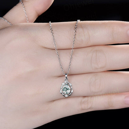 Vintage pear green moss agate necklace 14k white gold halo leaf twig vine branch art deco diamond Pendant women birthday anniversary gift
