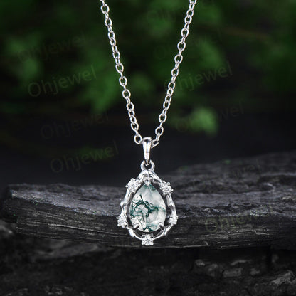 Vintage pear green moss agate necklace 14k white gold halo leaf twig vine branch art deco diamond Pendant women birthday anniversary gift