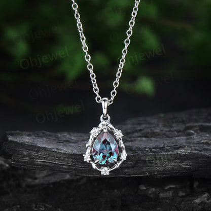 Pear cut Alexandrite necklace vintage 14k white gold halo leaf vine branch art deco diamond June birthstone Pendant women anniversary gift