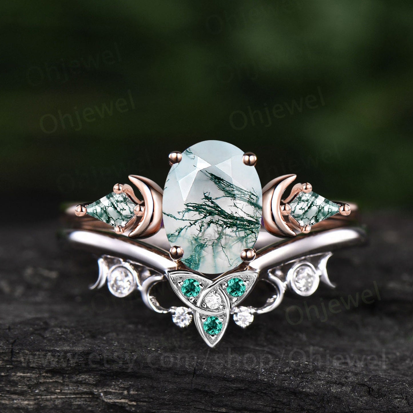 Oval green moss agate ring vintage kite moon unique engagement ring rose gold emerald moissanite anniversary promise wedding ring set women