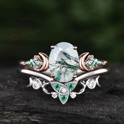 Vintage oval green moss agate ring set