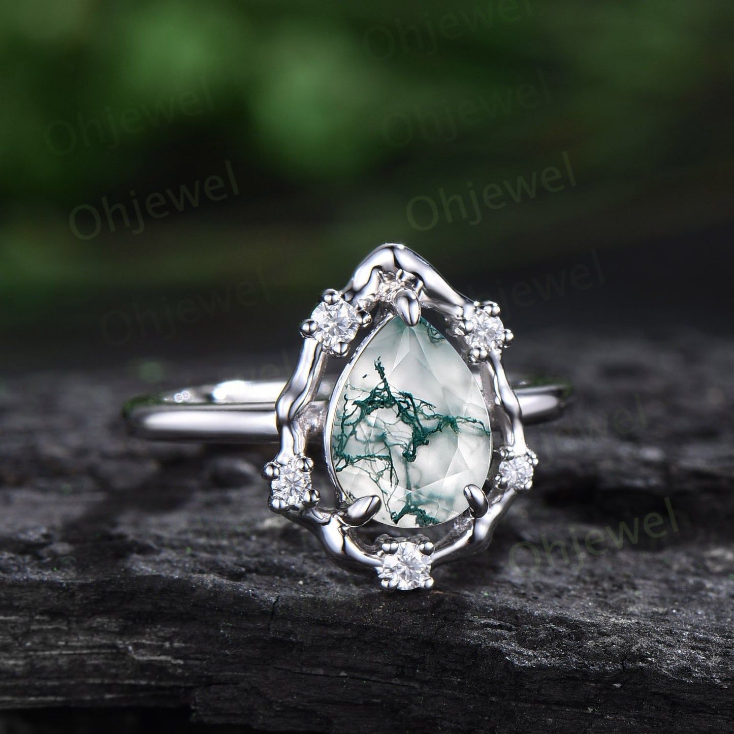 Vintage pear moss agate engagement ring leaf Nature inspired halo cluster diamond ring women 14k white gold branch antique wedding ring gift