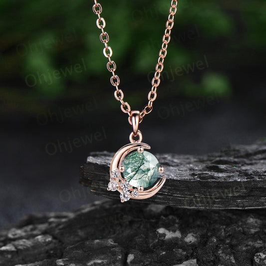 Vintage round cut green moss agate necklace 14k rose gold Personalized moon cluster diamond unique Pendant women anniversary gift for her
