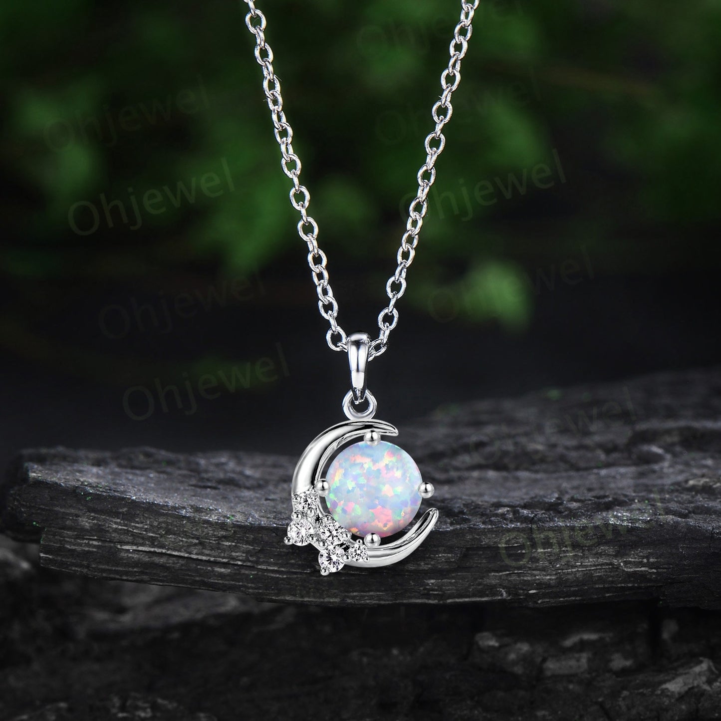 Vintage round white opal necklace 14k rose gold Personalized dainty moon cluster diamond unique Pendant women birthday anniversary gift