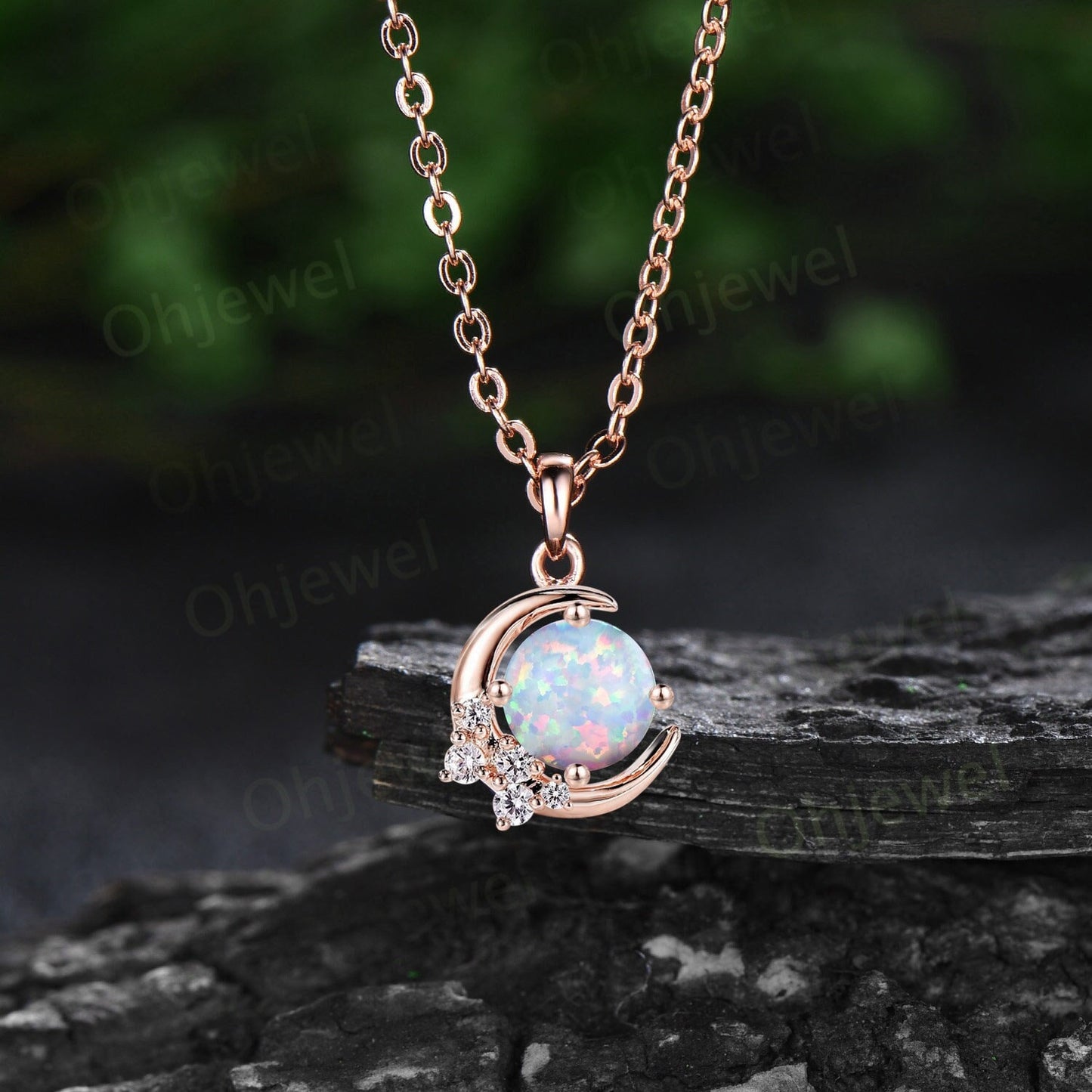 Vintage round white opal necklace 14k rose gold Personalized dainty moon cluster diamond unique Pendant women birthday anniversary gift