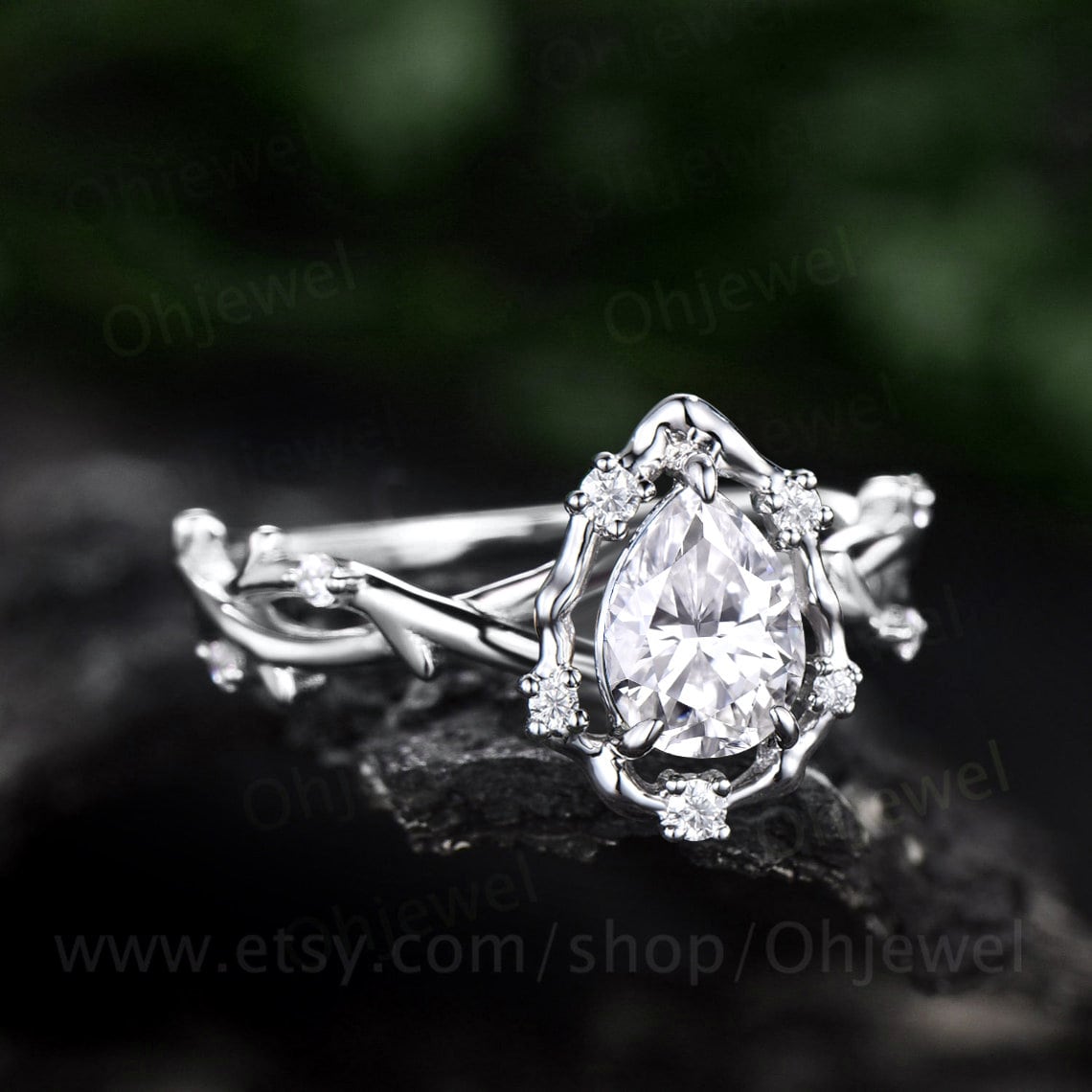 Pear moissanite ring vintage halo leaf branch nature inspired unique engagement ring 14k white gold Twisted diamond anniversary ring women