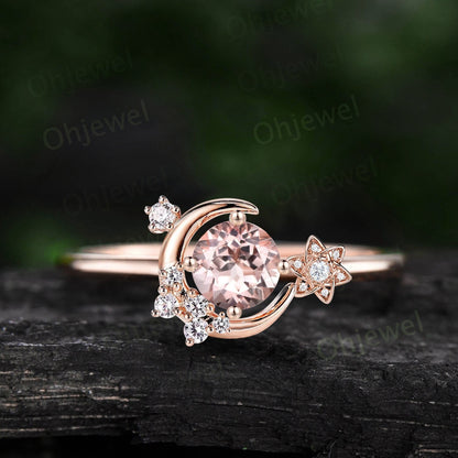 Vintage natural round morganite engagement ring solid 14k rose gold cluster moon star diamond ring women flower dainty anniversary ring gift