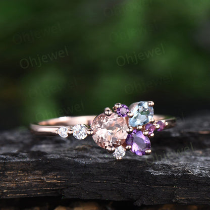 Round natural morganite ring rose gold vintage cluster amethyst ring pear aquamarine ring vintage dainty unique engagement ring women gift