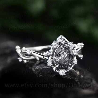 Pear black rutilated quartz ring vintage halo leaf branch nature inspired engagement ring white gold Twisted diamond anniversary ring women