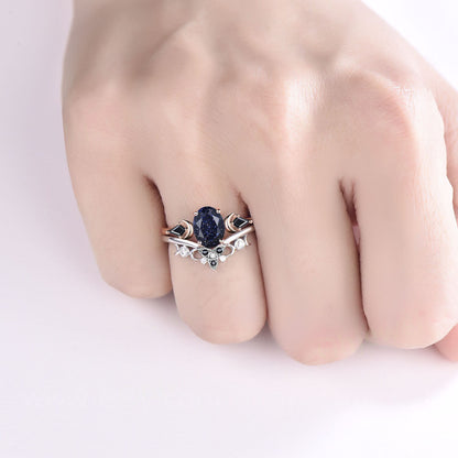 Vintage oval blue sandstone goldstone engagement ring 14k rose gold kite black spinel ring moon moissanite wedding ring set women gift