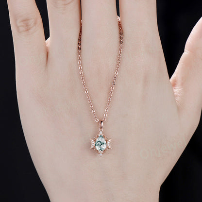 Pear green moss agate necklace vintage halo cluster milgrain moon diamond Pendant art deco 14k rose gold women antique anniversary gift her