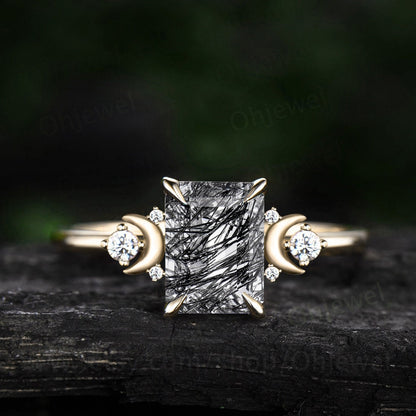 Vintage emerald cut black rutilated quartz engagement ring solid 14k rose gold moon ring cluster diamond promise anniversary ring for women