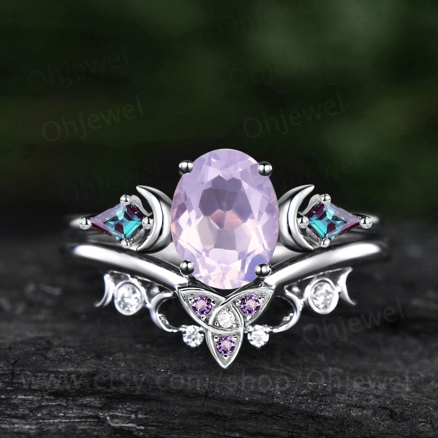 Vintage oval lavender Amethyst engagement ring Moon kite alexandrite ring rose gold purple gemstone moissanite promise bridal ring set women