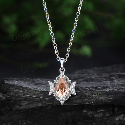 Vintage pear natural morgantie necklace rose gold unique  moon halo diamond necklace Pendant women art deco birthday anniversary gift her