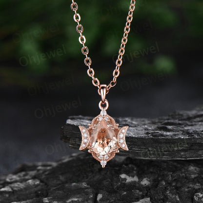 Vintage pear natural morgantie necklace rose gold unique  moon halo diamond necklace Pendant women art deco birthday anniversary gift her