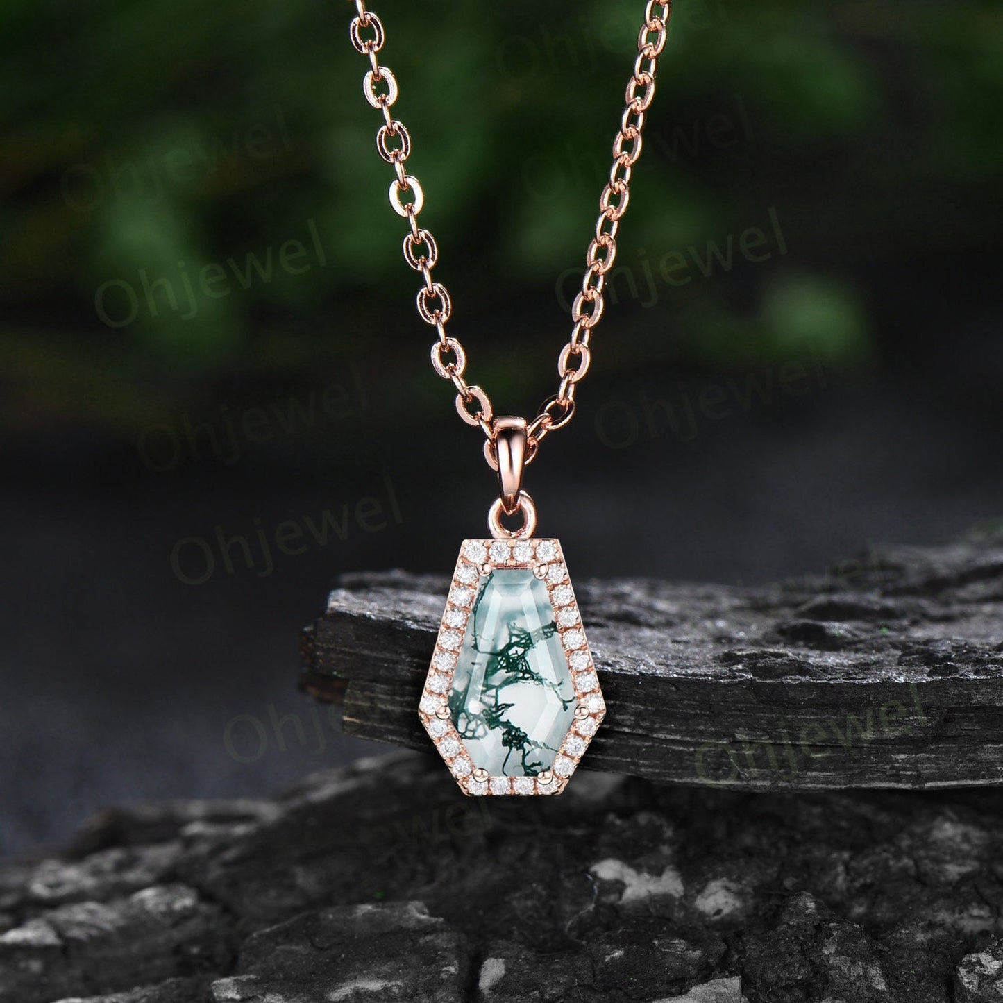 Coffin shaped natural green moss agate necklace vintage solid 14k rose gold dainty 6 prong halo diamond necklace Pendant women gift for her