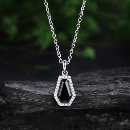 Coffin shaped natural black Onyx necklace vintage solid 14k rose gold 6 prong halo diamond necklace Pendant women black gemstone gift her