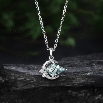 Vintage kite cut green moss agate necklace 14k rose gold Personalized moon cluster diamond unique Pendant women anniversary gift for her