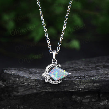 Vintage moon kite cut white opal necklace rose gold star cluster October birthstone dainty unqiue necklace Pendant women anniversary gift