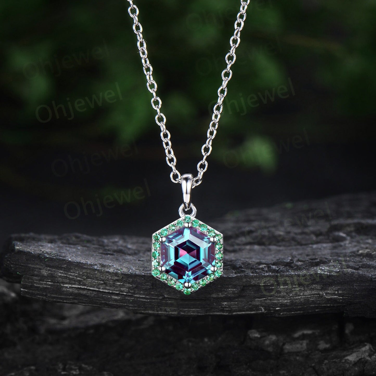 Hexagon cut Alexandrite necklace dainty halo emerald unique necklace Pendant for women June birthstone 14k rose gold jewelry gift