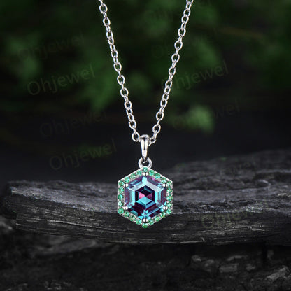 Hexagon cut Alexandrite necklace dainty halo emerald unique necklace Pendant for women June birthstone 14k rose gold jewelry gift