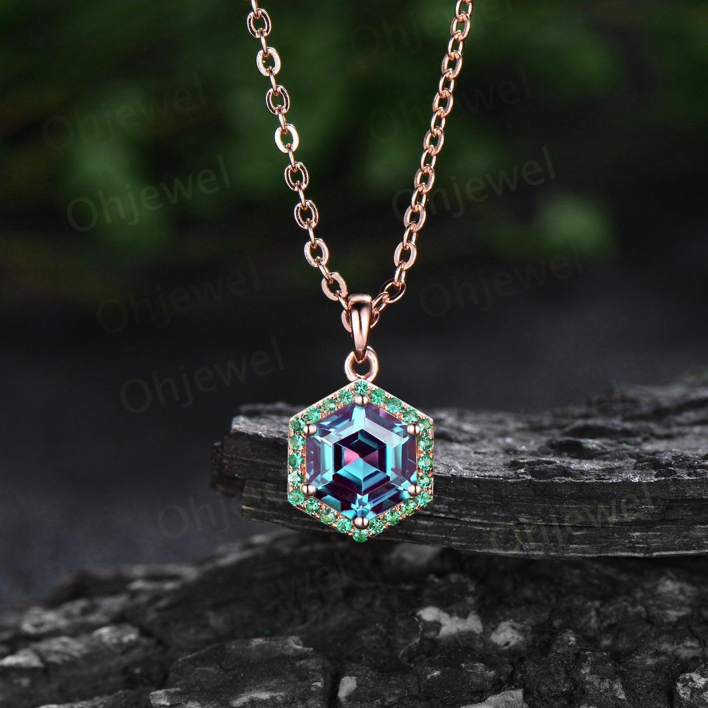 Hexagon cut Alexandrite necklace dainty halo emerald unique necklace Pendant for women June birthstone 14k rose gold jewelry gift