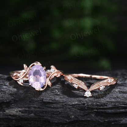 Twig oval cut Lavender Amethyst ring unique engagement ring set women leaf nature inspired rose gold ring branch diamond bridal ring set