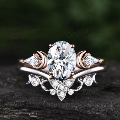 Moissanite ring vintage oval kite three stone moon unique engagement ring set 14k white gold Celtic knot wedding ring band bridal set women