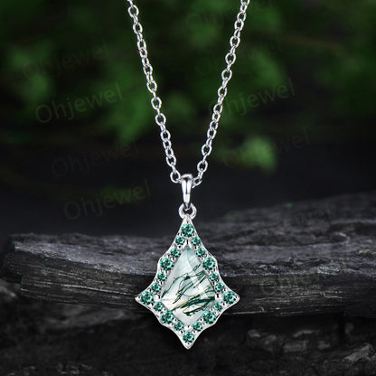 Vintage kite cut green moss agate necklace solid 14k rose gold antique unique snowdrift halo moissanite necklace Pendant women gemstone gift