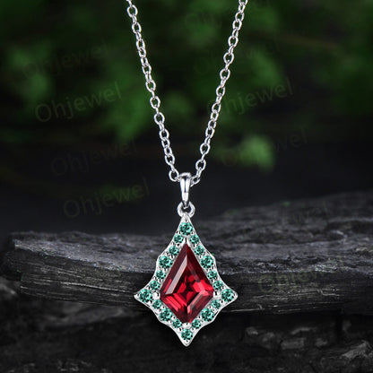Vintage kite red ruby necklace solid 14k rose gold unique snowdrift halo green emerald necklace Pendant women gemstone anniversary gift