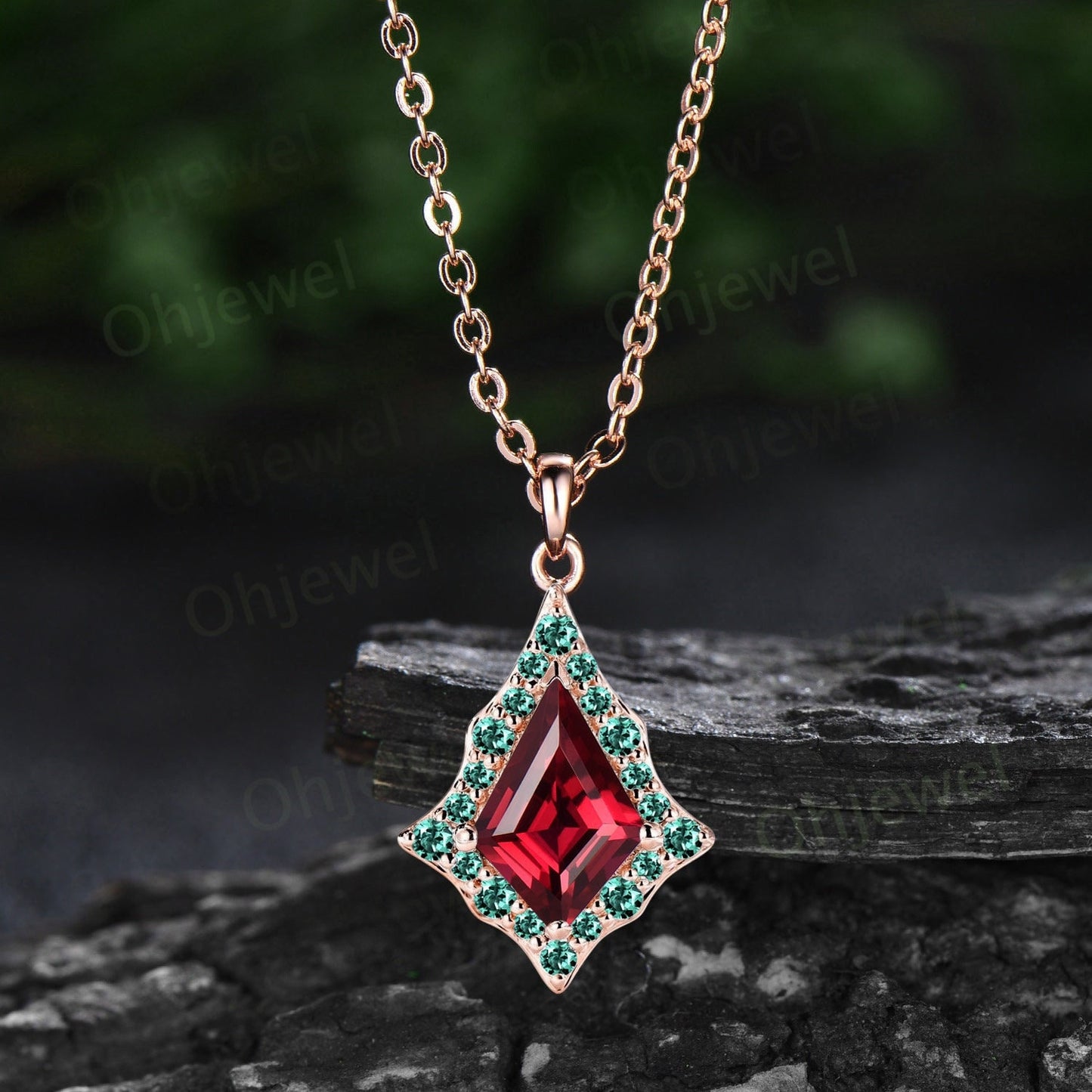 Vintage kite red ruby necklace solid 14k rose gold unique snowdrift halo green emerald necklace Pendant women gemstone anniversary gift