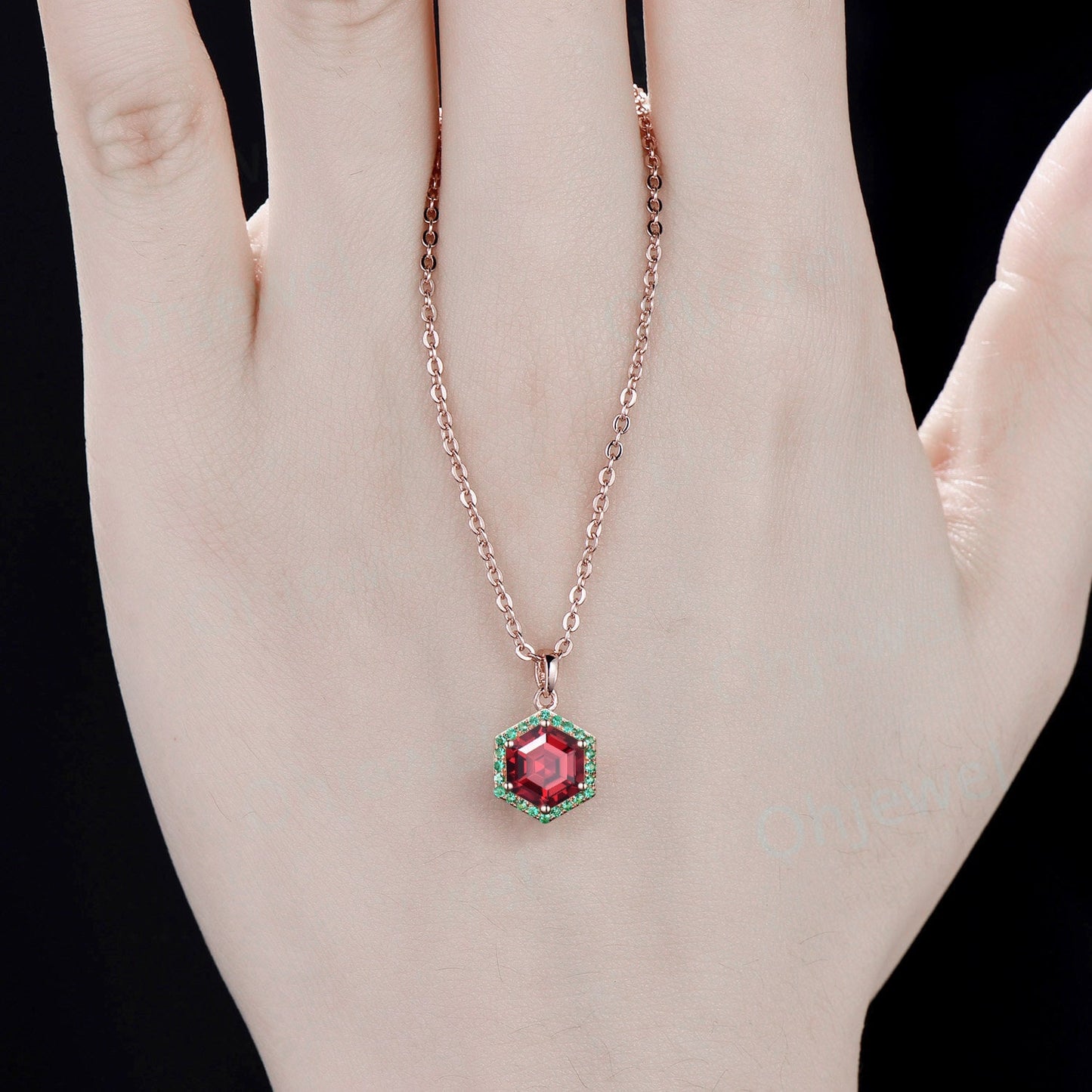 Vintage hexagon cut red ruby necklace rose gold unique 6 prong halo emerald necklace Pendant women dainty wedding anniversary gift her