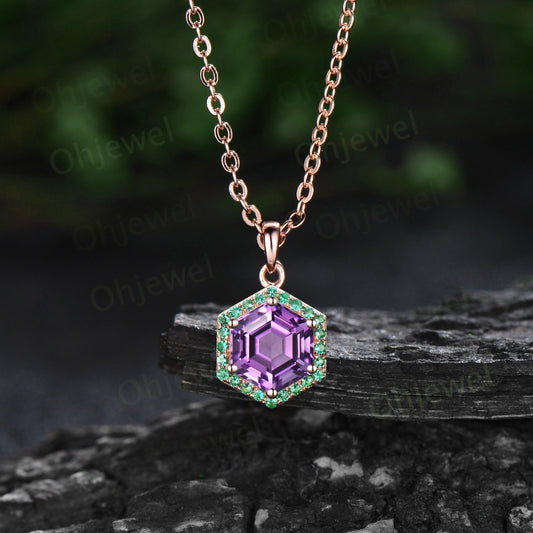 Vintage hexagon purple amethyst necklace rose gold unique 6 prong halo emerald necklace Pendant women dainty promise anniversary gift her