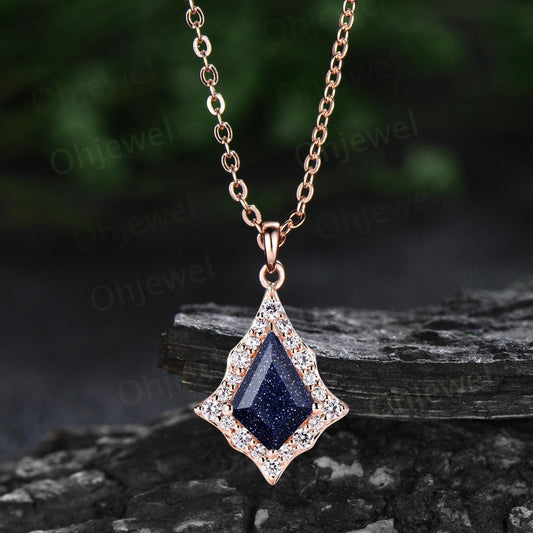 Vintage kite cut blue sanstone necklace rose gold antique unique snowdrift halo diamond necklace Pendant women opal jewelry anniversary gift