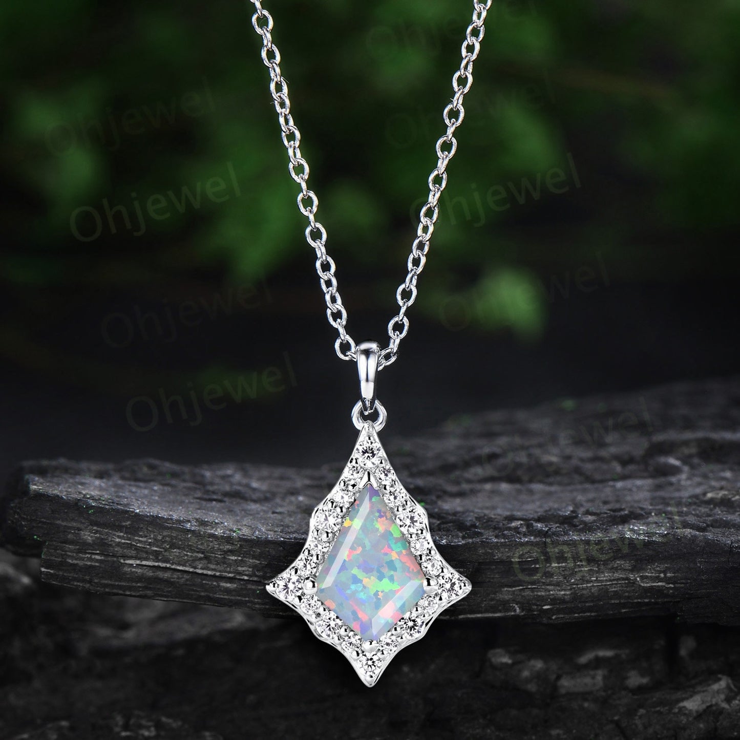Vintage kite cut white opal necklace rose gold antique unique snowdrift halo diamond necklace Pendant women opal jewelry anniversary gift
