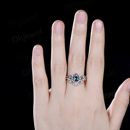 Vintage pear Alexandrite engagement ring set art deco solid 14k white gold moss agate opal ring women moon Celtic knot bridal ring set gift