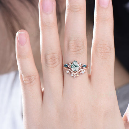 Vintage pear natural moss agate engagement ring white gold moon marquise alexandrite opal ring custom Personalized wedding ring set women
