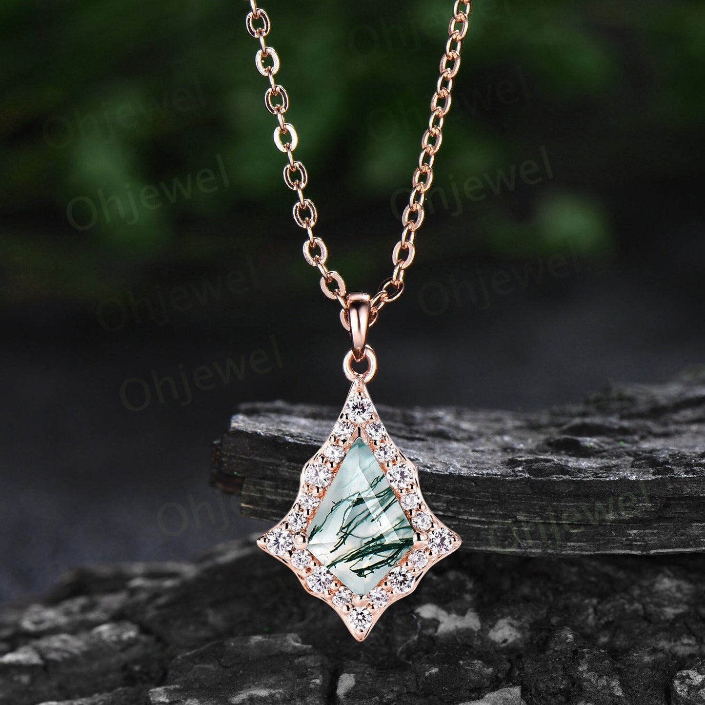 Vintage kite cut green moss agate necklace solid 14k rose gold antique unique snowdrift halo moissanite necklace Pendant women gemstone gift