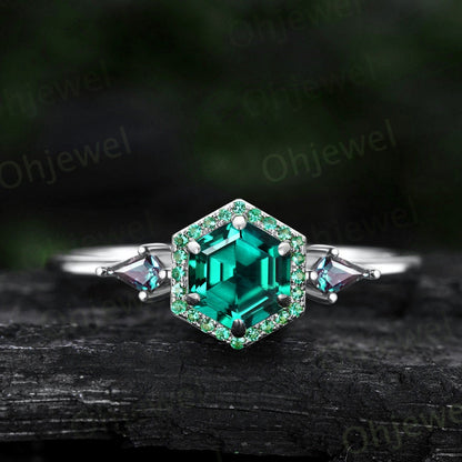 Vintage Hexagon cut green emerald engagement ring yellow gold 6 prong halo ring kite alexandrite ring women gemstone promise ring her gift