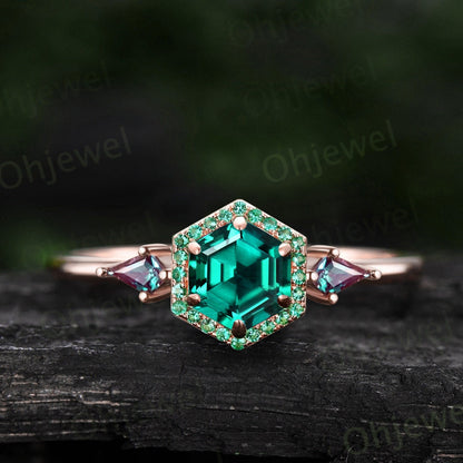 Vintage Hexagon cut green emerald engagement ring yellow gold 6 prong halo ring kite alexandrite ring women gemstone promise ring her gift
