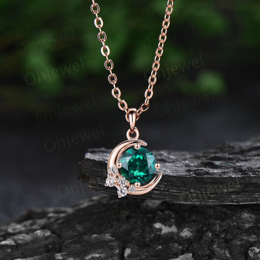 1ct Round green emerald necklace solid 14k rose gold unique moon necklace cluster moissanite Pendant women May birthstone anniversary gift