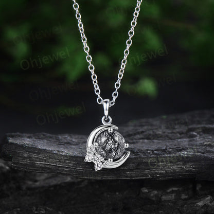 Vintage round cut black rutilated quartz necklace 14k rose gold Personalized moon cluster diamond unique Pendant women anniversary gift her