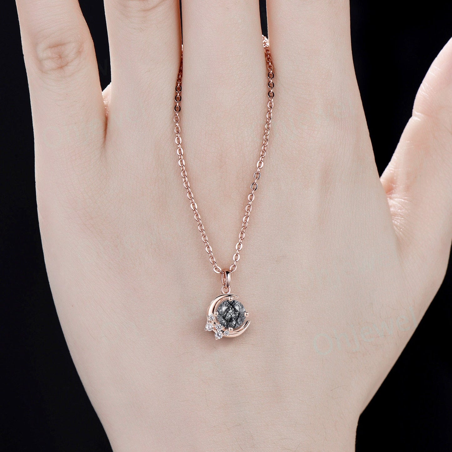 Vintage round cut black rutilated quartz necklace 14k rose gold Personalized moon cluster diamond unique Pendant women anniversary gift her
