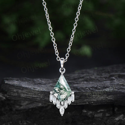 Kite cut green moss agate necklace rose gold cluster marquise baguette cut moissanite necklace pendant women art deco anniversary gift her