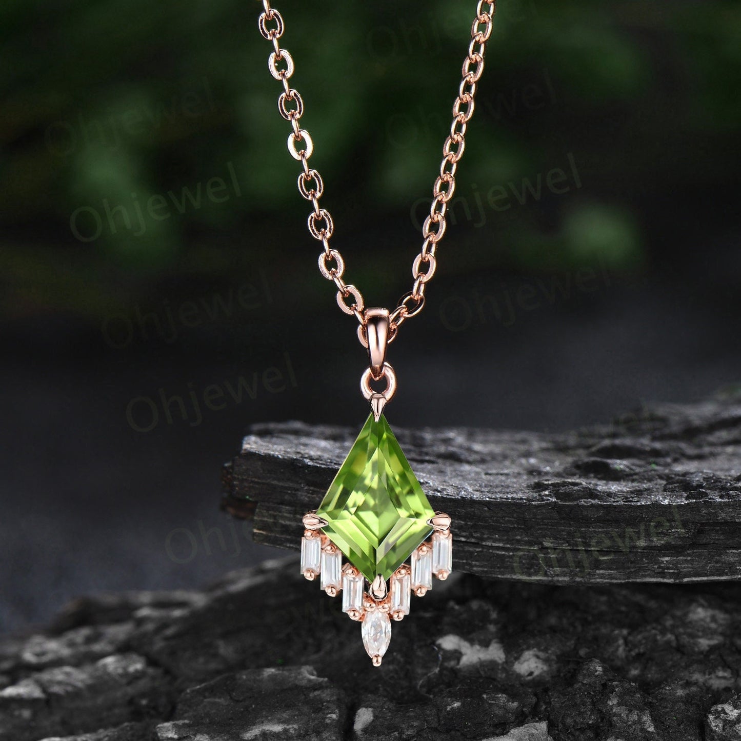 Kite cut natural peridot necklace rose gold cluster marquise baguette cut moissanite necklace pendant women art deco anniversary gift her